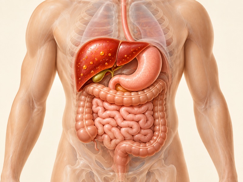 Ilustração educativa do fígado e do sistema digestivo