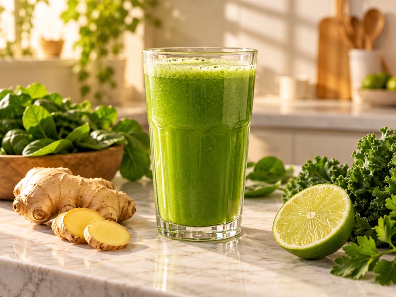 Shot verde com limão e gengibre sobre uma bancada clara